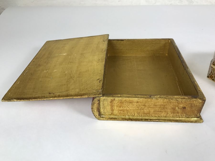 Pair Of Boxes - Italian Gilt Wooden Book Box And Beautiful Inlay Box [Photo 5]