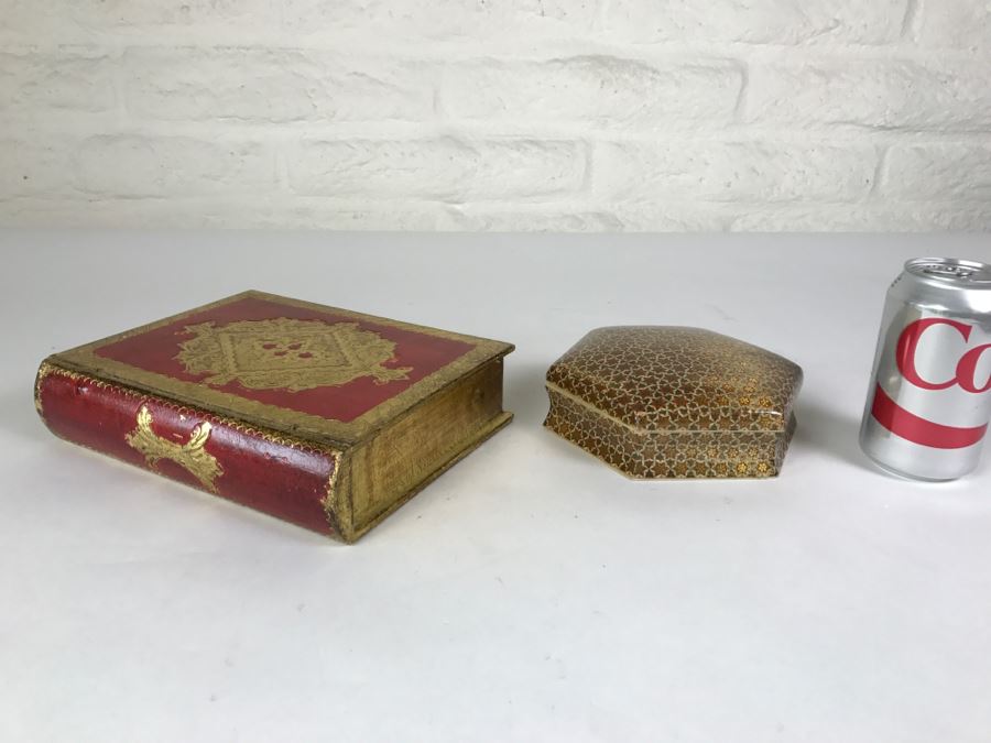 Pair Of Boxes - Italian Gilt Wooden Book Box And Beautiful Inlay Box [Photo 1]