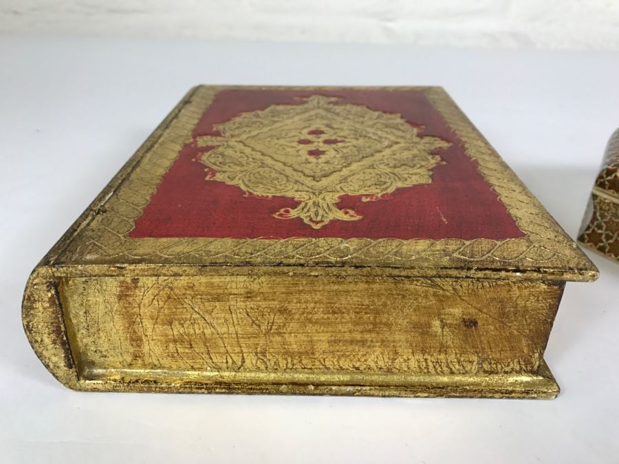 Pair Of Boxes - Italian Gilt Wooden Book Box And Beautiful Inlay Box [Photo 4]