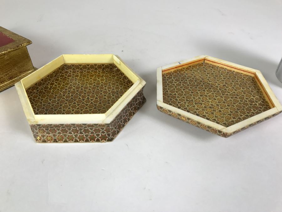 Pair Of Boxes - Italian Gilt Wooden Book Box And Beautiful Inlay Box [Photo 10]