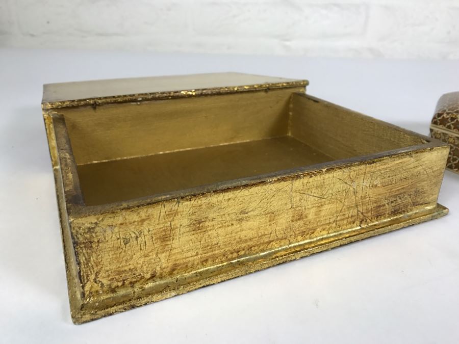 Pair Of Boxes - Italian Gilt Wooden Book Box And Beautiful Inlay Box [Photo 6]