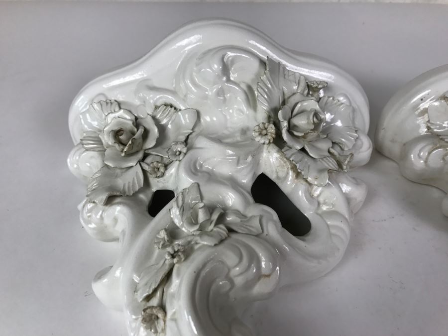 Pair Of White Ceramic Floral Relief Wall Shelves ABC Bassano Made In Italy Ceramiche [Photo 6]