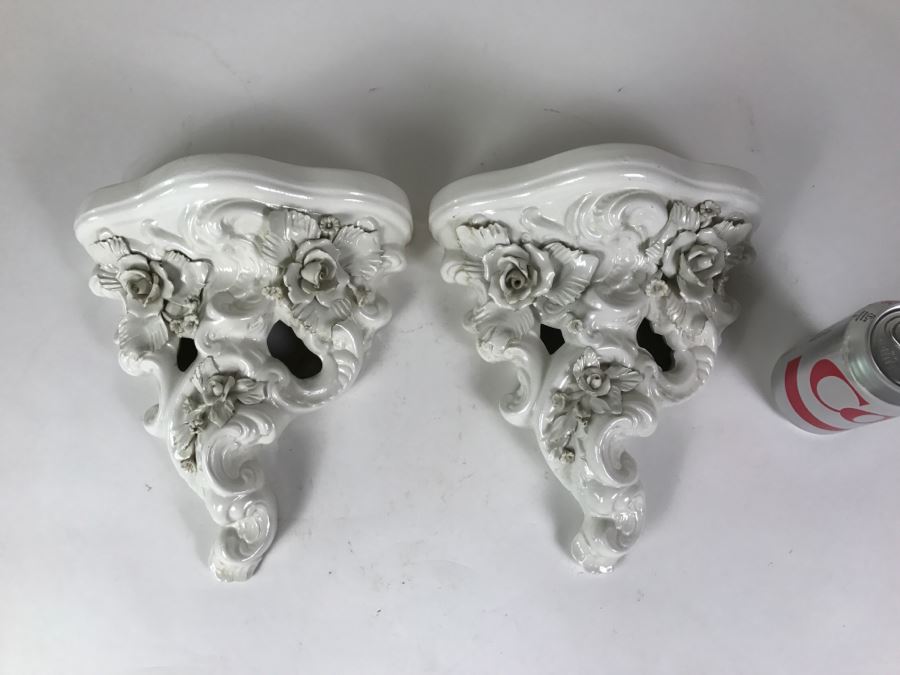 Pair Of White Ceramic Floral Relief Wall Shelves ABC Bassano Made In Italy Ceramiche