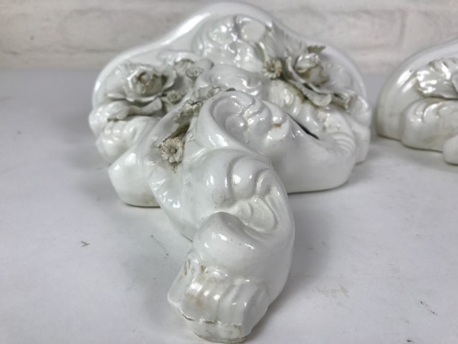 Pair Of White Ceramic Floral Relief Wall Shelves ABC Bassano Made In Italy Ceramiche [Photo 5]