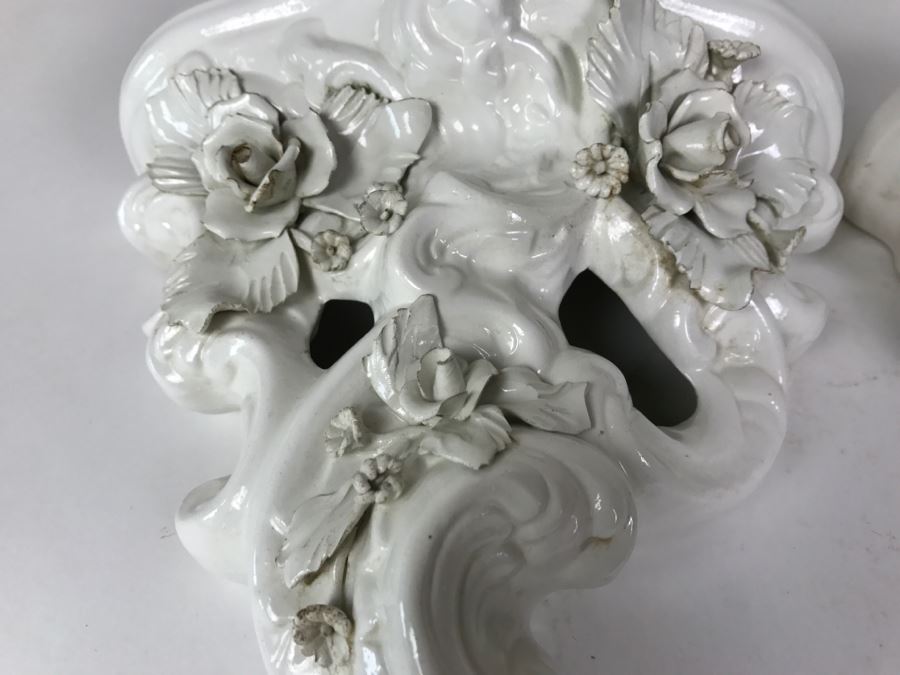 Pair Of White Ceramic Floral Relief Wall Shelves ABC Bassano Made In Italy Ceramiche [Photo 3]
