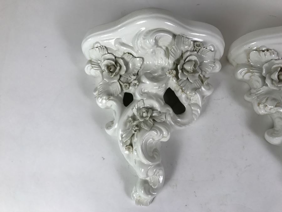 Pair Of White Ceramic Floral Relief Wall Shelves ABC Bassano Made In Italy Ceramiche [Photo 2]
