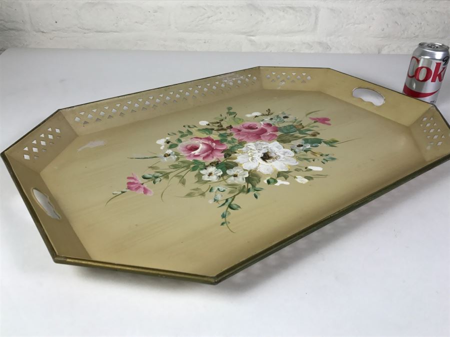 Large Hand Painted Nashco Floral Metal Serving Tray