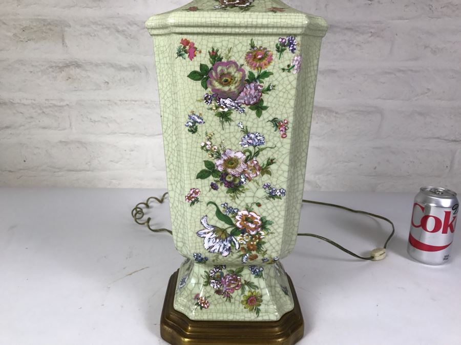 Vintage Hand Painted Floral Lamp On Wooden Base [Photo 5]