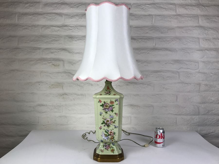 Vintage Hand Painted Floral Lamp On Wooden Base
