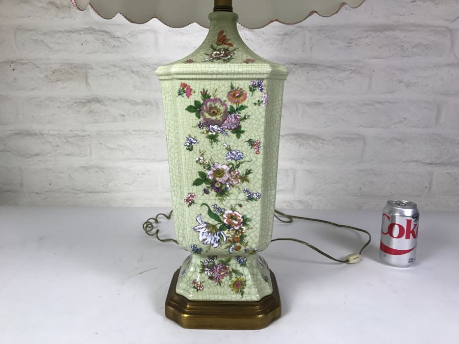 Vintage Hand Painted Floral Lamp On Wooden Base [Photo 2]