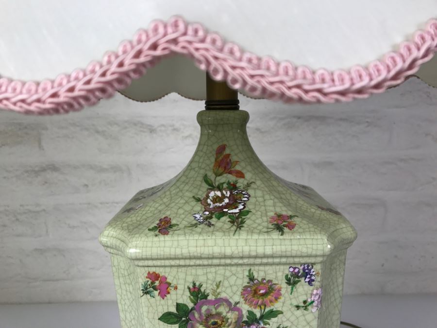 Vintage Hand Painted Floral Lamp On Wooden Base [Photo 3]