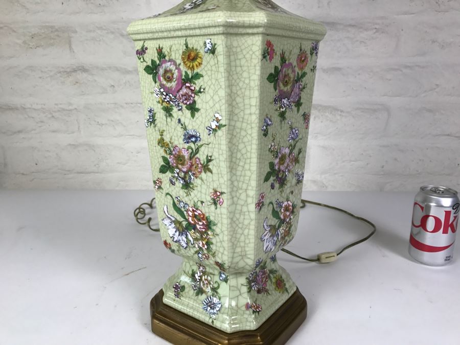 Vintage Hand Painted Floral Lamp On Wooden Base [Photo 9]
