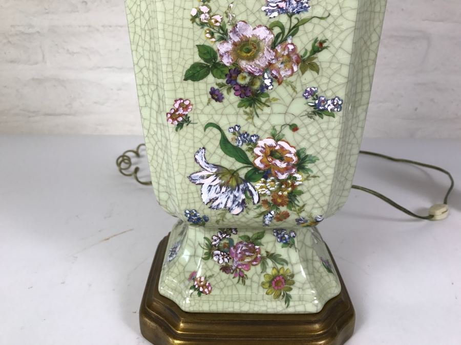 Vintage Hand Painted Floral Lamp On Wooden Base