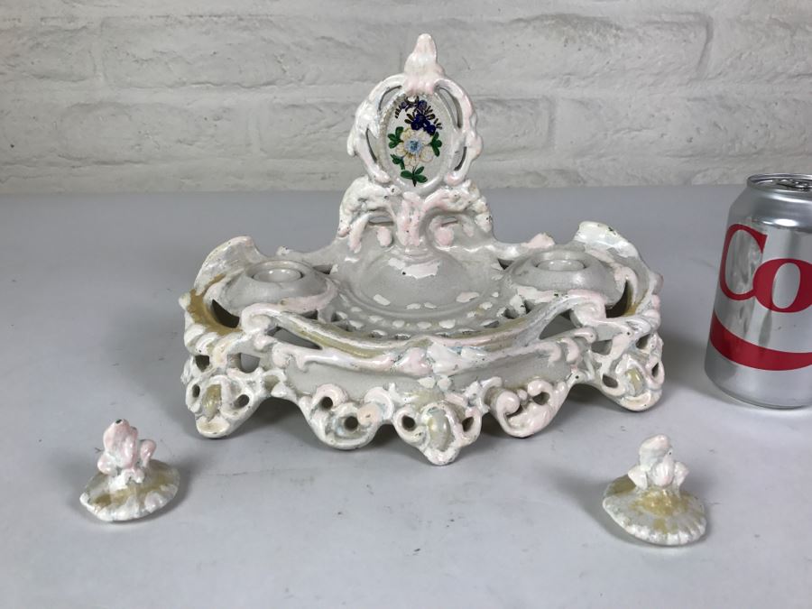 Vintage Hand Painted Porcelain Italian Inkwell Set Shabby Chic [Photo 5]