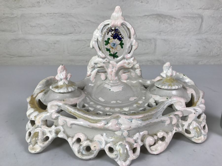 Vintage Hand Painted Porcelain Italian Inkwell Set Shabby Chic [Photo 2]