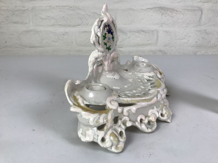 Vintage Hand Painted Porcelain Italian Inkwell Set Shabby Chic [Photo 8]