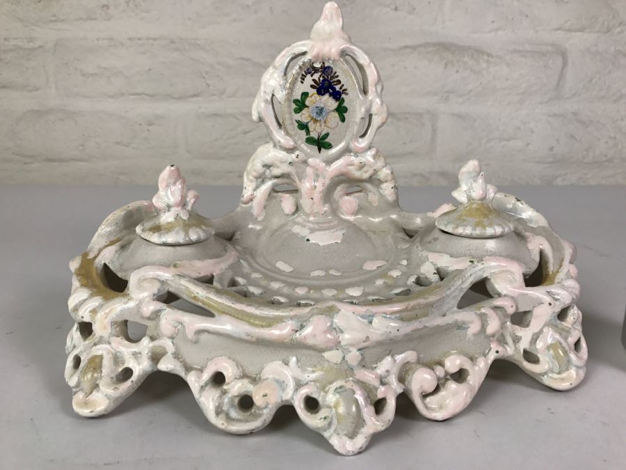 Vintage Hand Painted Porcelain Italian Inkwell Set Shabby Chic [Photo 4]