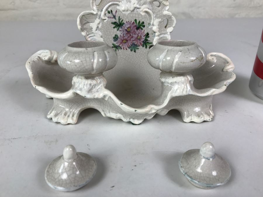 Vintage Hand Painted Porcelain Italian Inkwell Set Shabby Chic [Photo 7]