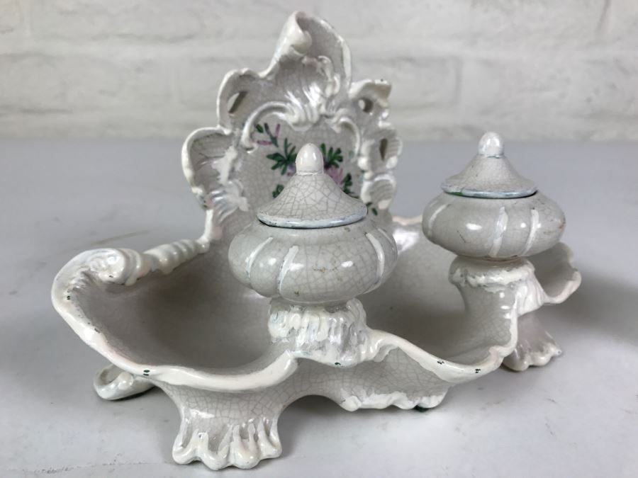 Vintage Hand Painted Porcelain Italian Inkwell Set Shabby Chic [Photo 3]