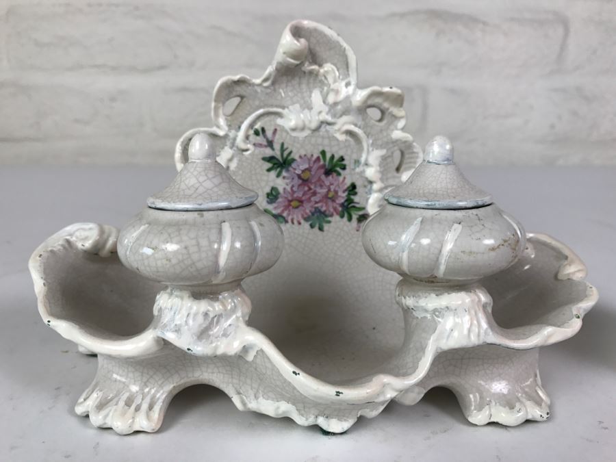 Vintage Hand Painted Porcelain Italian Inkwell Set Shabby Chic [Photo 2]