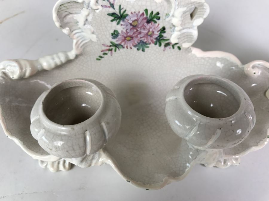 Vintage Hand Painted Porcelain Italian Inkwell Set Shabby Chic [Photo 8]