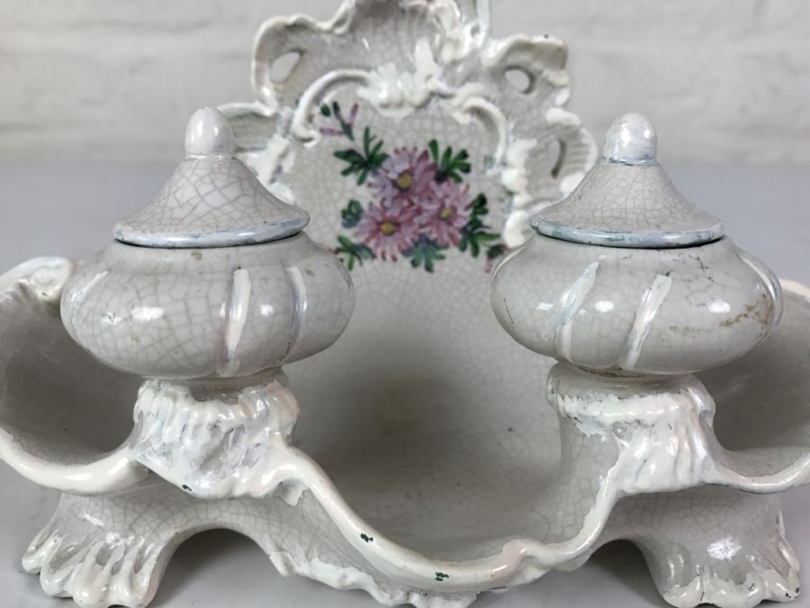 Vintage Hand Painted Porcelain Italian Inkwell Set Shabby Chic [Photo 6]