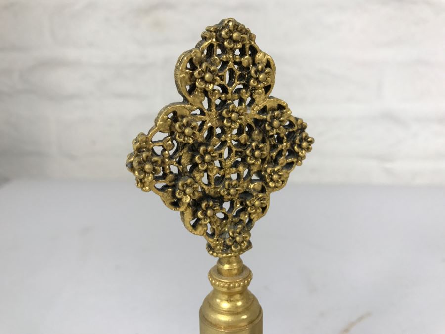 Footed Gilt Metal Perfume Bottle, Mirror And Gilt Metal Candle Holders [Photo 3]