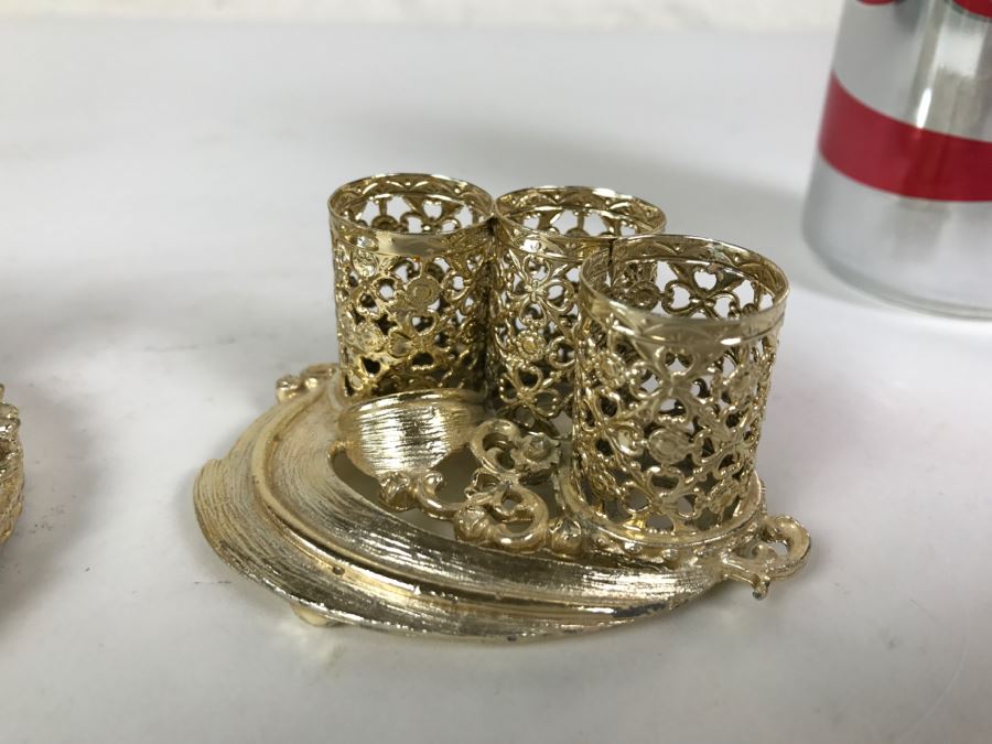 Footed Gilt Metal Perfume Bottle, Mirror And Gilt Metal Candle Holders [Photo 7]