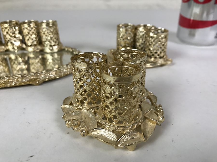 Footed Gilt Metal Perfume Bottle, Mirror And Gilt Metal Candle Holders [Photo 6]