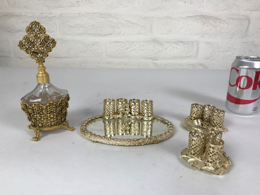 Footed Gilt Metal Perfume Bottle, Mirror And Gilt Metal Candle Holders [Photo 1]