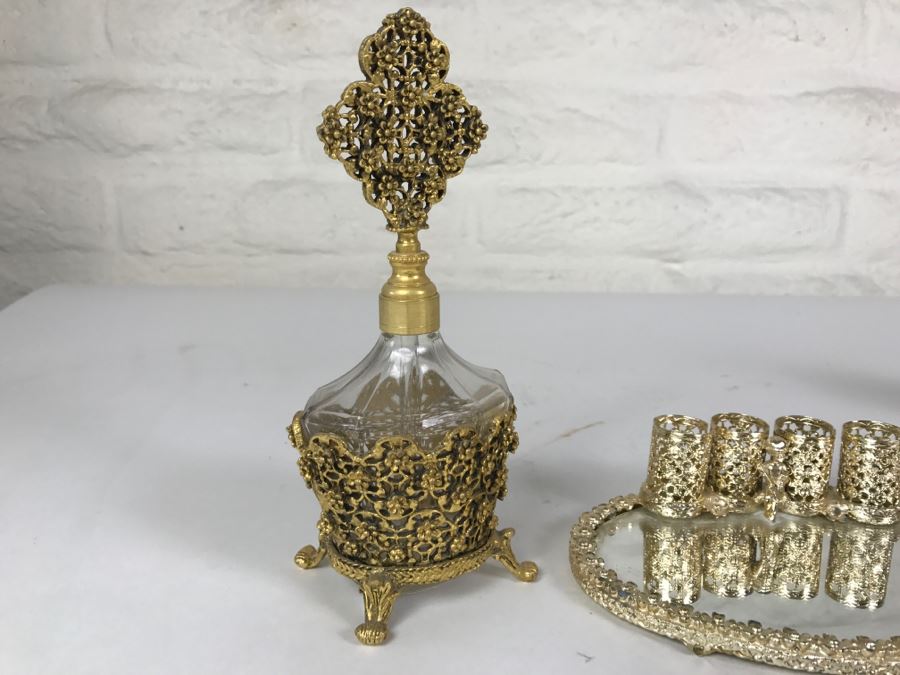Footed Gilt Metal Perfume Bottle, Mirror And Gilt Metal Candle Holders [Photo 2]