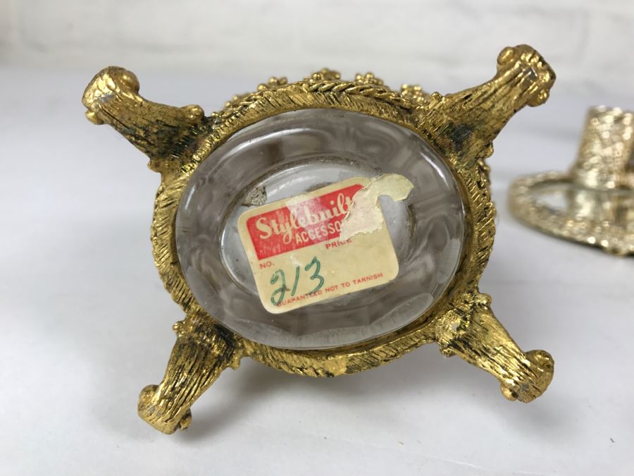 Footed Gilt Metal Perfume Bottle, Mirror And Gilt Metal Candle Holders [Photo 9]