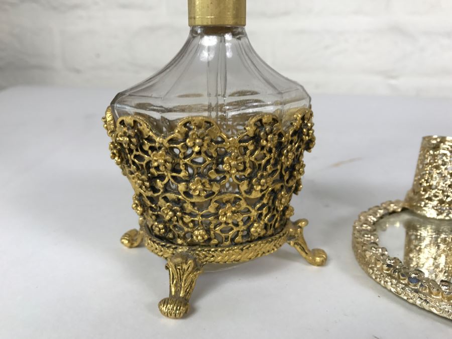 Footed Gilt Metal Perfume Bottle, Mirror And Gilt Metal Candle Holders [Photo 4]