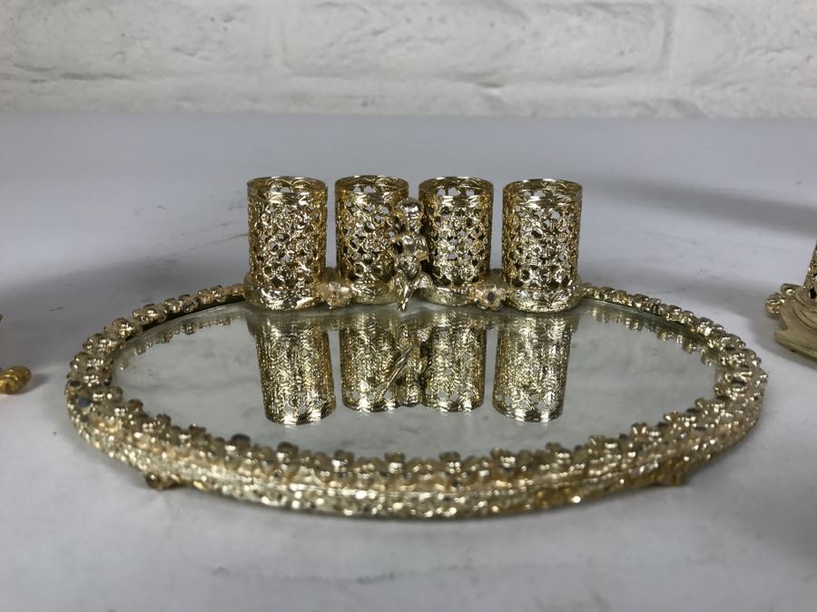 Footed Gilt Metal Perfume Bottle, Mirror And Gilt Metal Candle Holders [Photo 5]