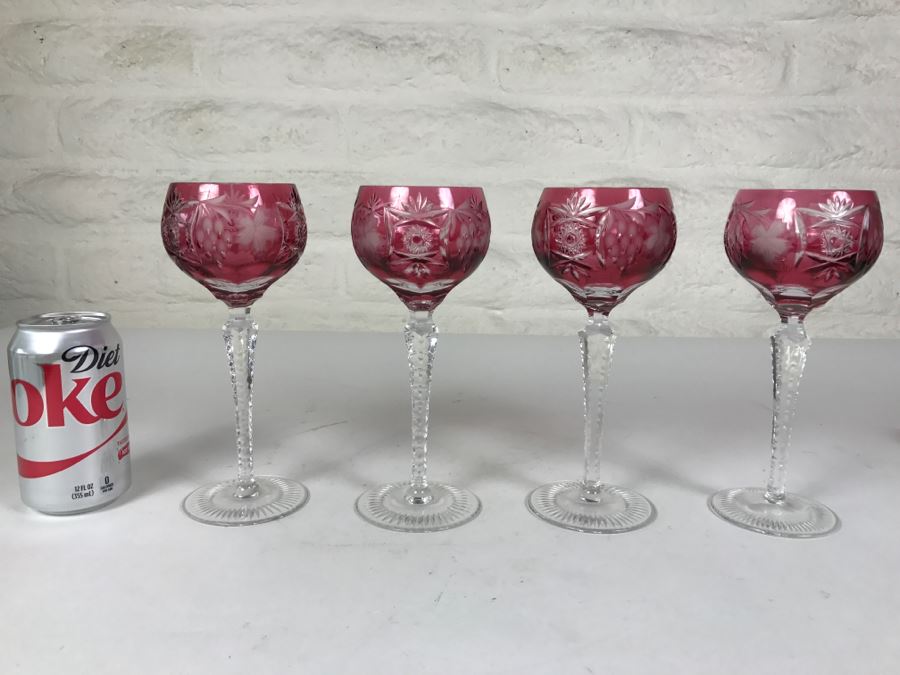 Set Of 4 Ruby Red Cut Crystal Glasses Stemware Signed [Photo 1]