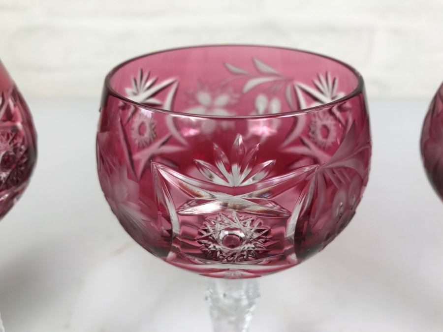Set Of 4 Ruby Red Cut Crystal Glasses Stemware Signed [Photo 6]