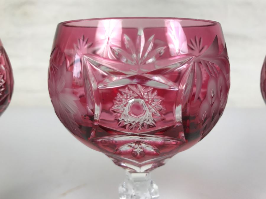 Set Of 4 Ruby Red Cut Crystal Glasses Stemware Signed