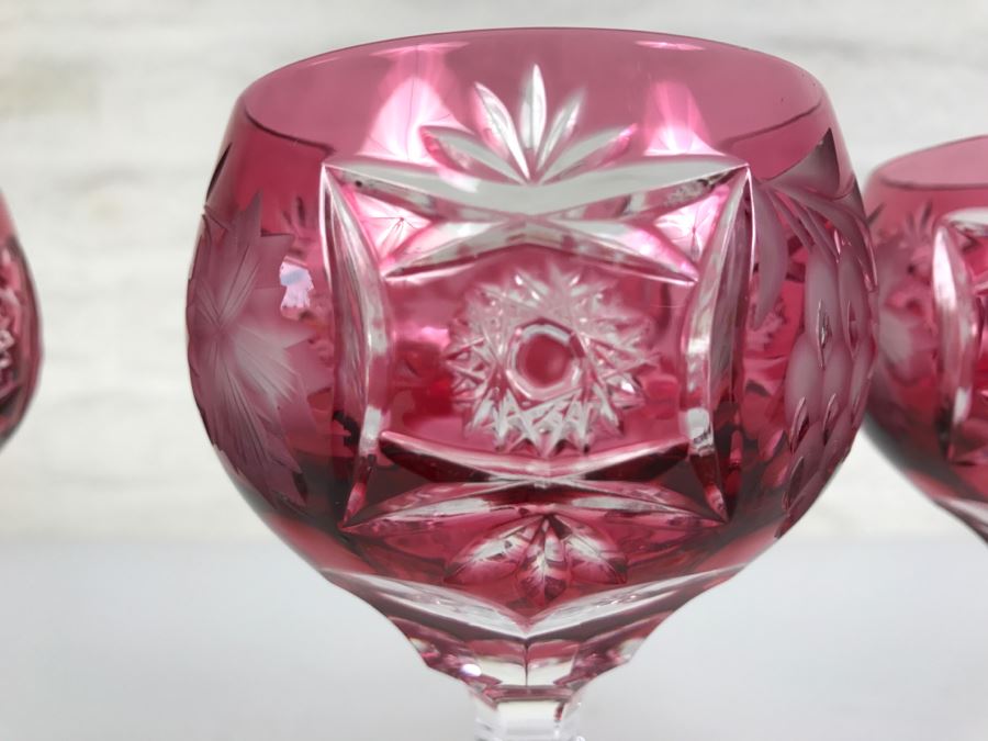 Set Of 4 Ruby Red Cut Crystal Glasses Stemware Signed [Photo 9]