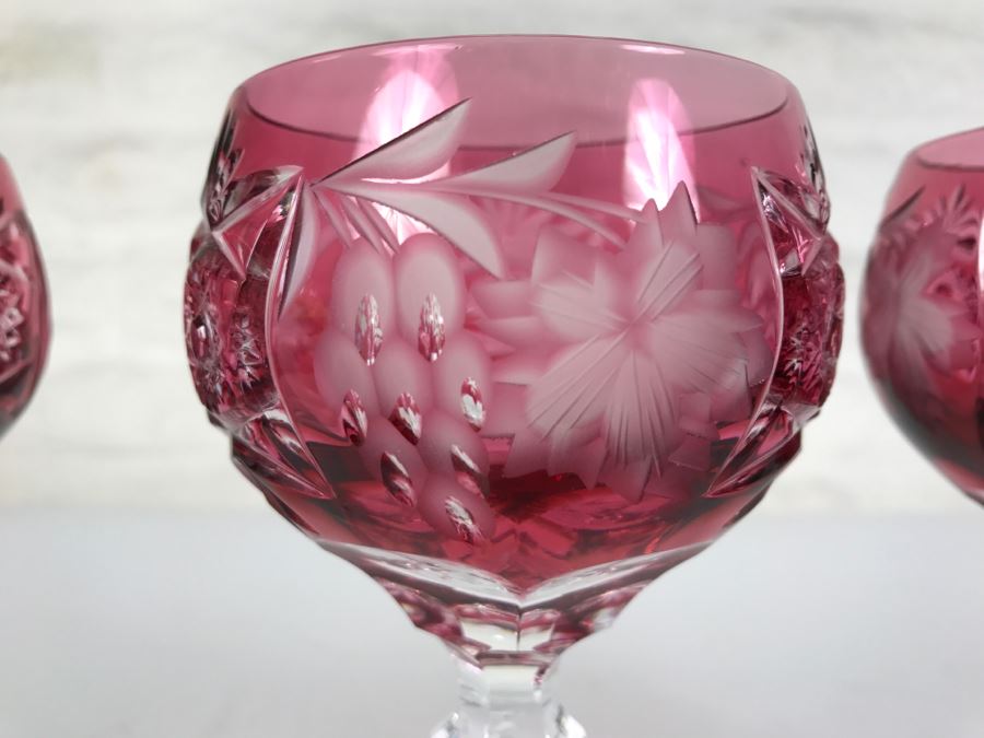 Set Of 4 Ruby Red Cut Crystal Glasses Stemware Signed [Photo 8]