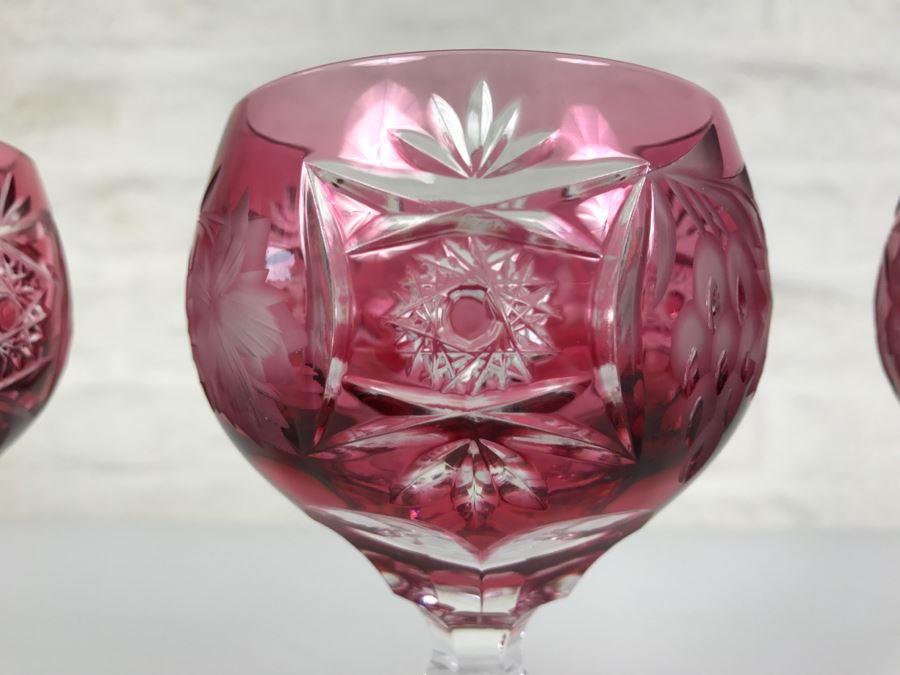 Set Of 4 Ruby Red Cut Crystal Glasses Stemware Signed [Photo 7]