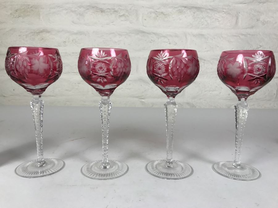Set Of 4 Ruby Red Cut Crystal Glasses Stemware Signed [Photo 3]
