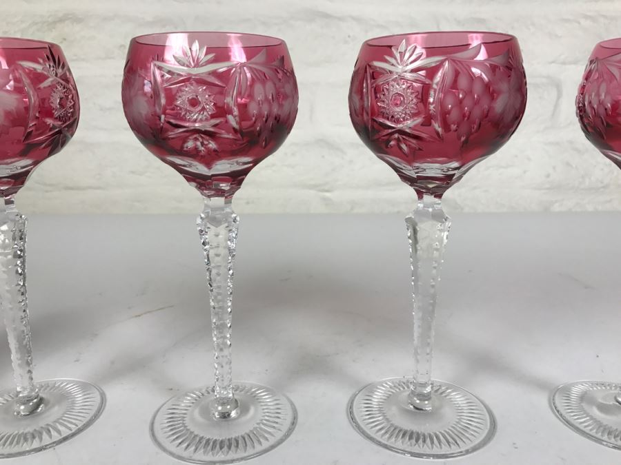 Set Of 4 Ruby Red Cut Crystal Glasses Stemware Signed [Photo 4]