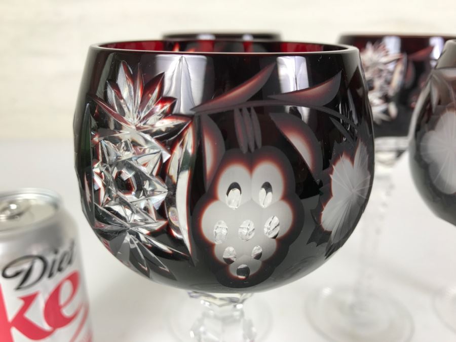 Set Of 6 Burgundy Cut Crystal Glasses Stemware [Photo 7]