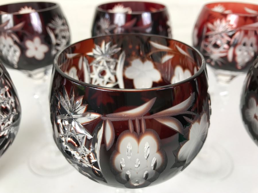 Set Of 6 Burgundy Cut Crystal Glasses Stemware [Photo 6]