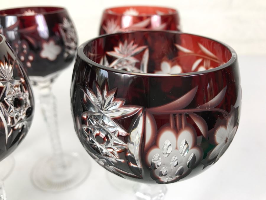 Set Of 6 Burgundy Cut Crystal Glasses Stemware [Photo 9]
