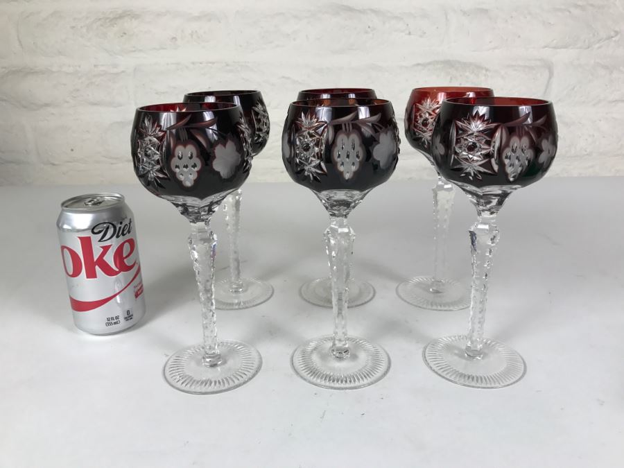 Set Of 6 Burgundy Cut Crystal Glasses Stemware [Photo 1]