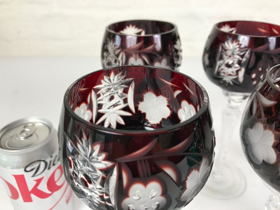 Set Of 6 Burgundy Cut Crystal Glasses Stemware [Photo 8]