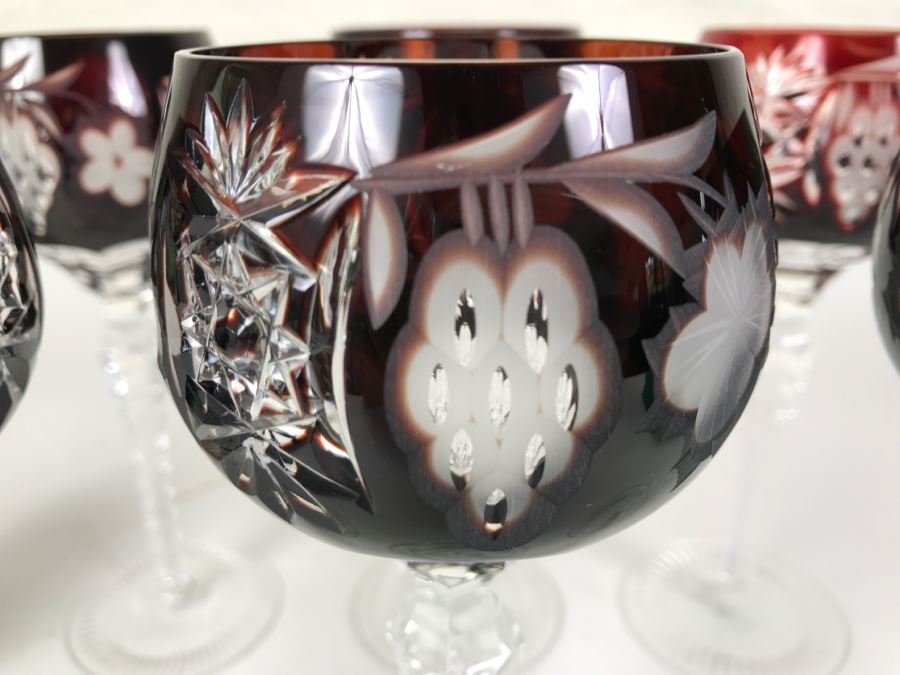 Set Of 6 Burgundy Cut Crystal Glasses Stemware [Photo 5]