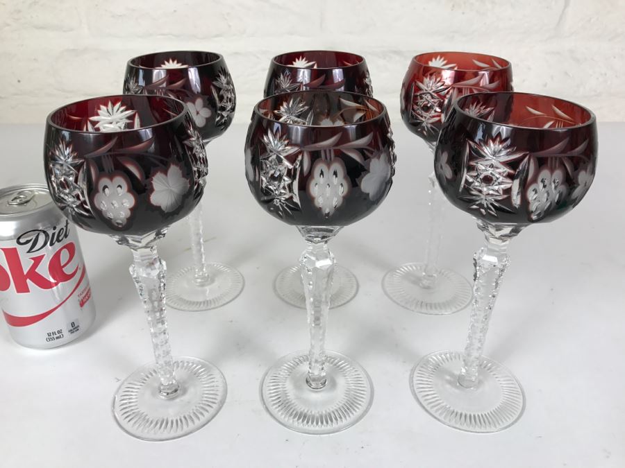Set Of 6 Burgundy Cut Crystal Glasses Stemware [Photo 3]