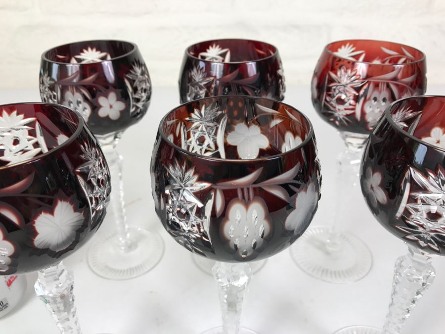 Set Of 6 Burgundy Cut Crystal Glasses Stemware [Photo 4]